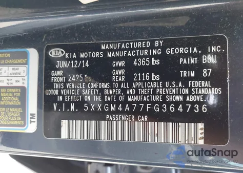 2015 Kia Optima Lx из США, поврежденный, VIN 5XXGM4A77FG364736